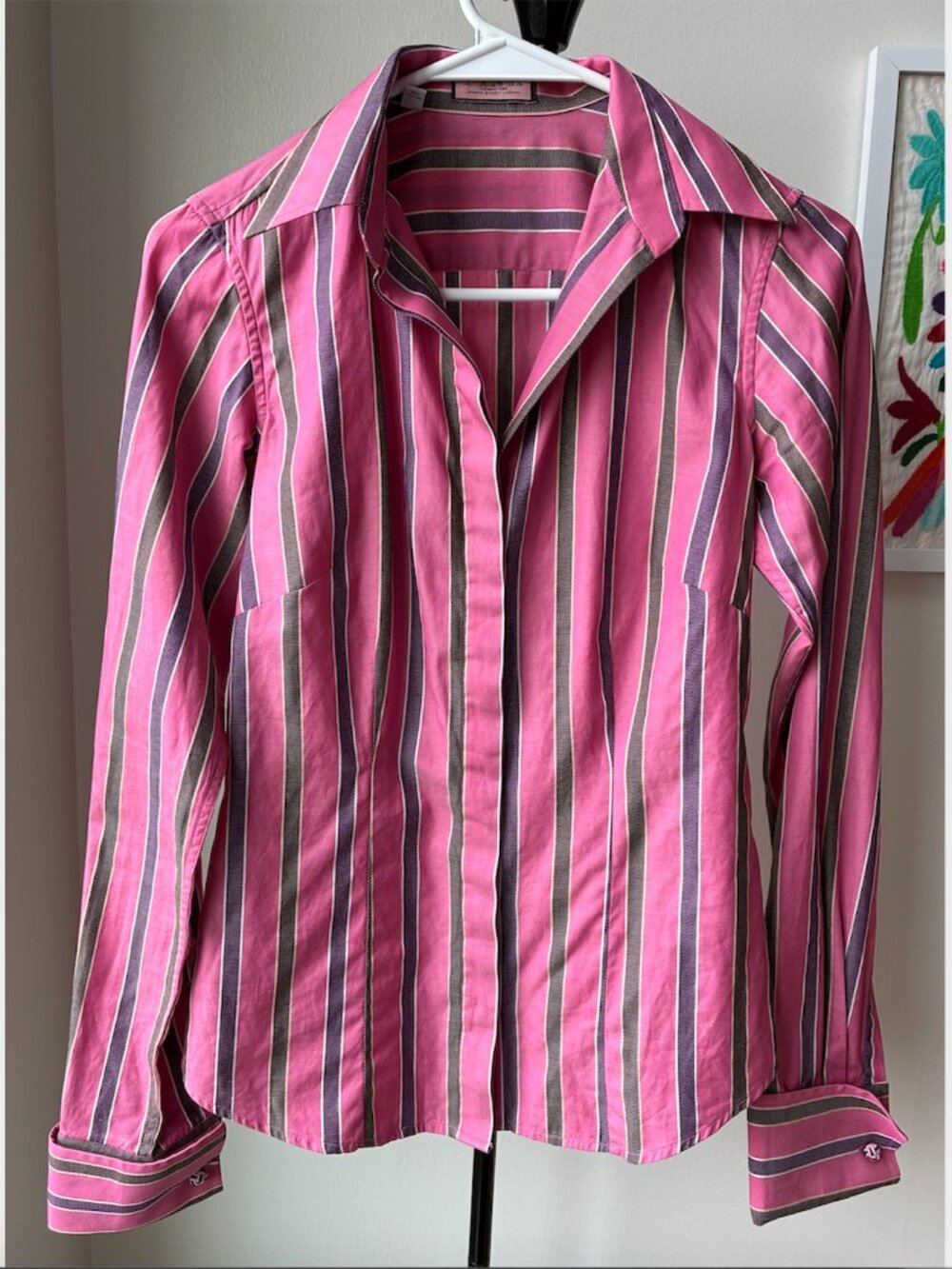 Thomas Pink Pink Button Down with White, Purple, Green/Gray Stripes - Size US 4